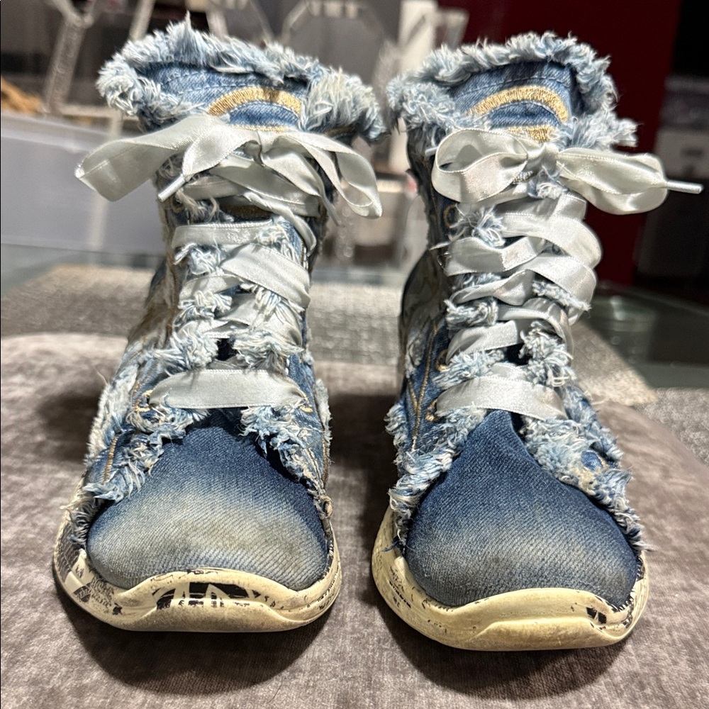 Frayed Denim High-Top Sneakers with White Laces